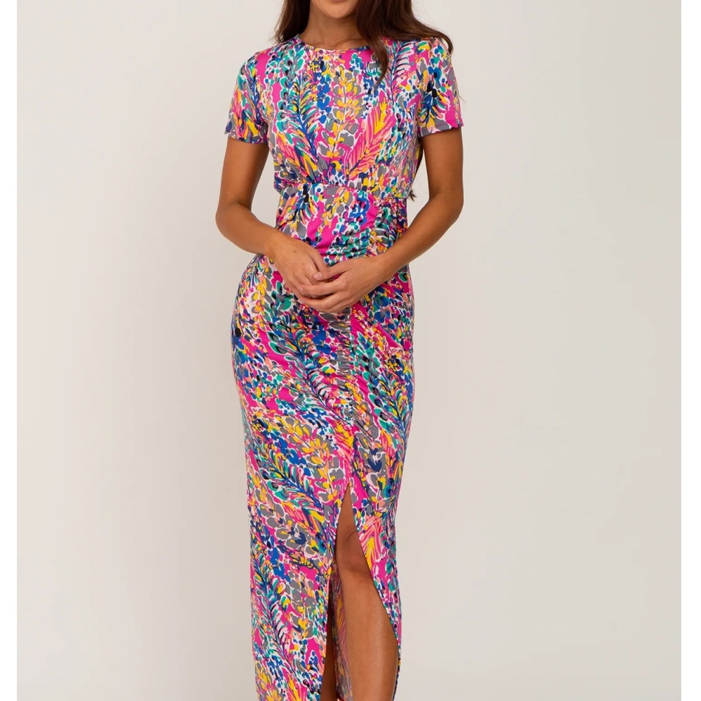 COPY - Fuchsia Multi-Color Floral Side Slit Maternity Maxi Dress from Pinkblush…